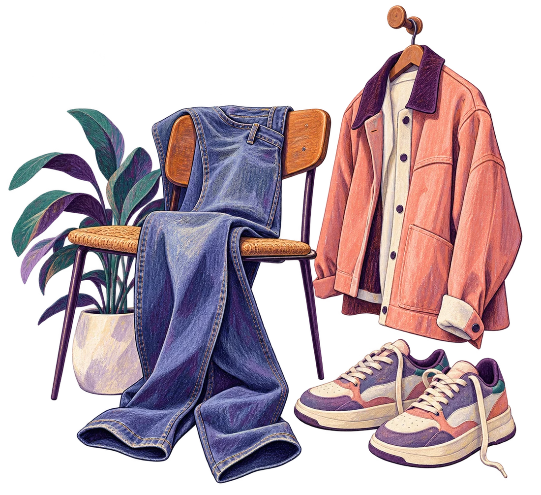Illustration of clothing and shoes with longer proportions.