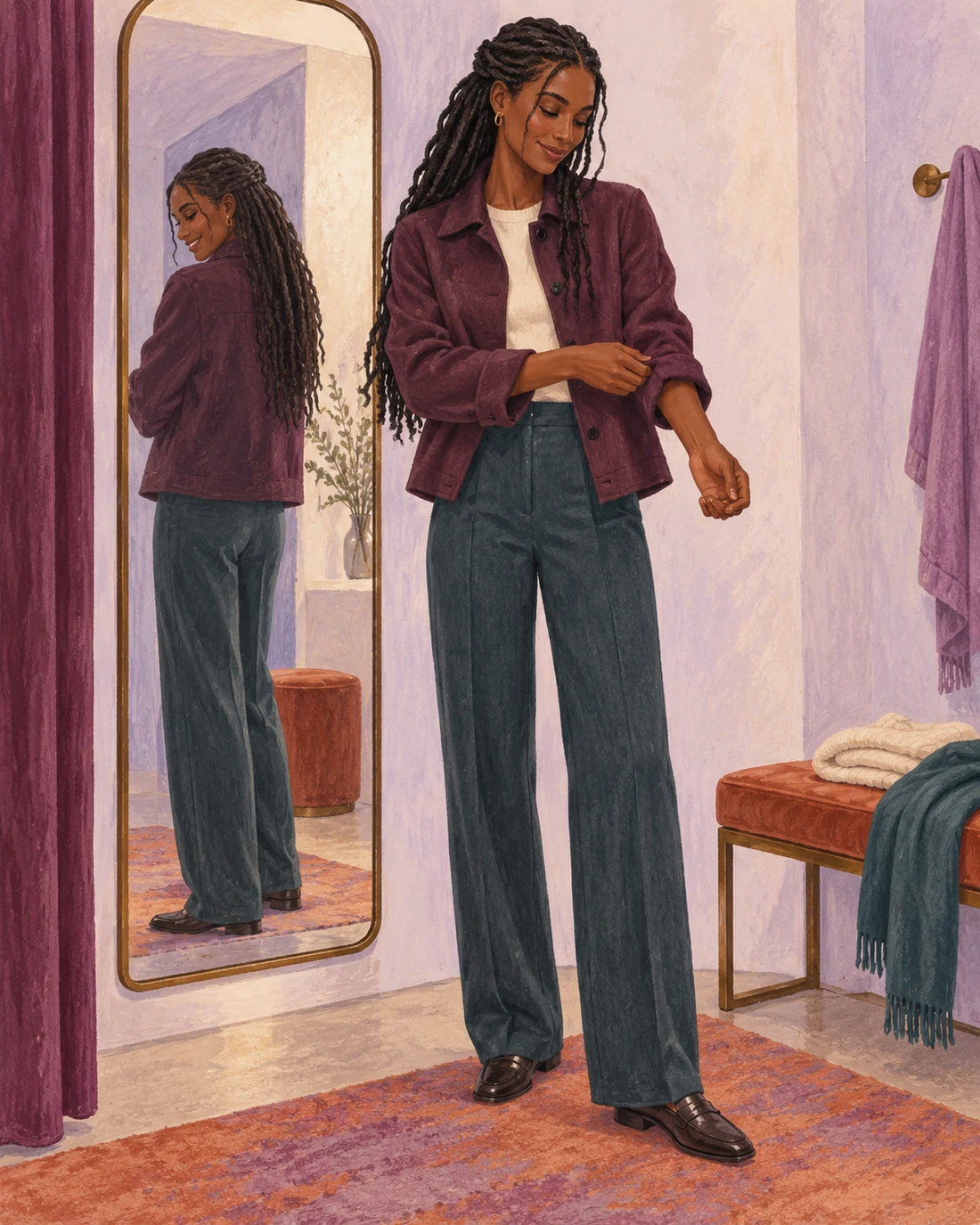 Illustration of a woman checking how a jacket sleeve and trouser hem fit.