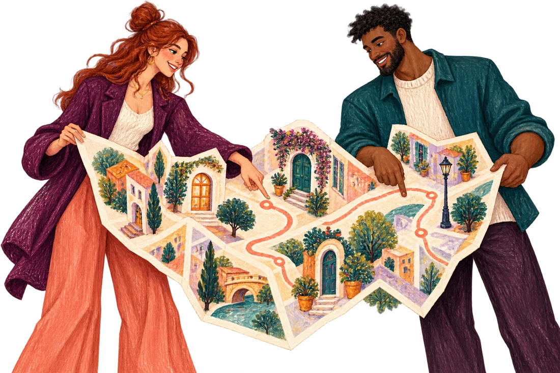 Illustration of two adults exploring an imagined neighborhood map.