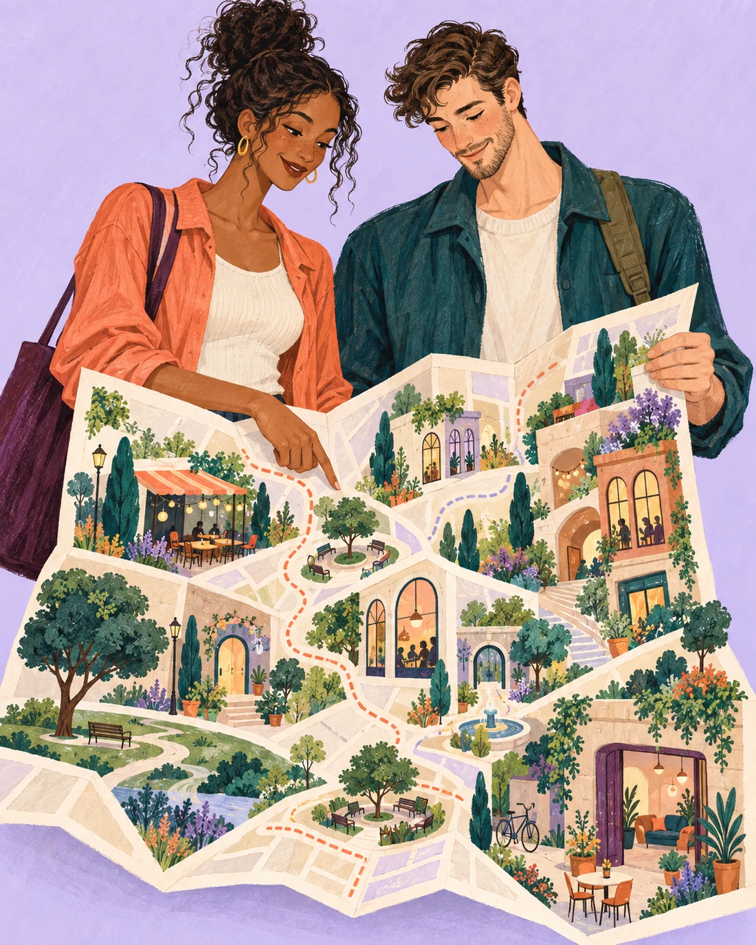 Illustration of two adults looking at an imagined neighborhood map.